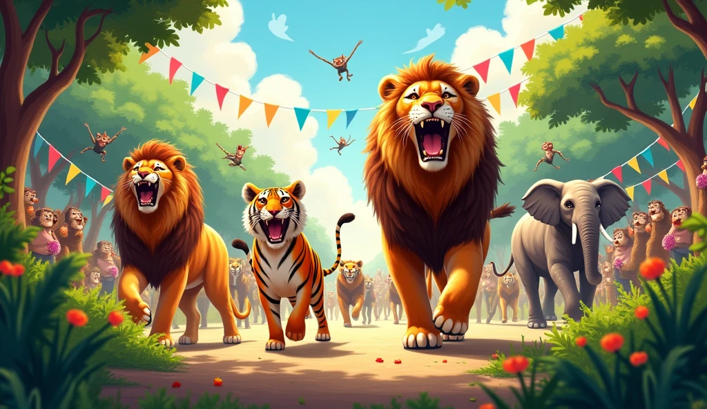 The lions roar, the tigers stride,
In the Animal Parade, let's take a ride