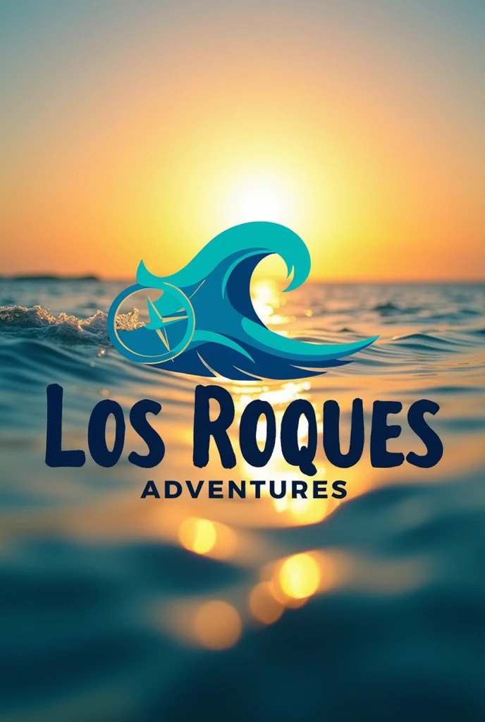Logo for a travel agency with the sea in the background, the name is Los Roques Adventurs