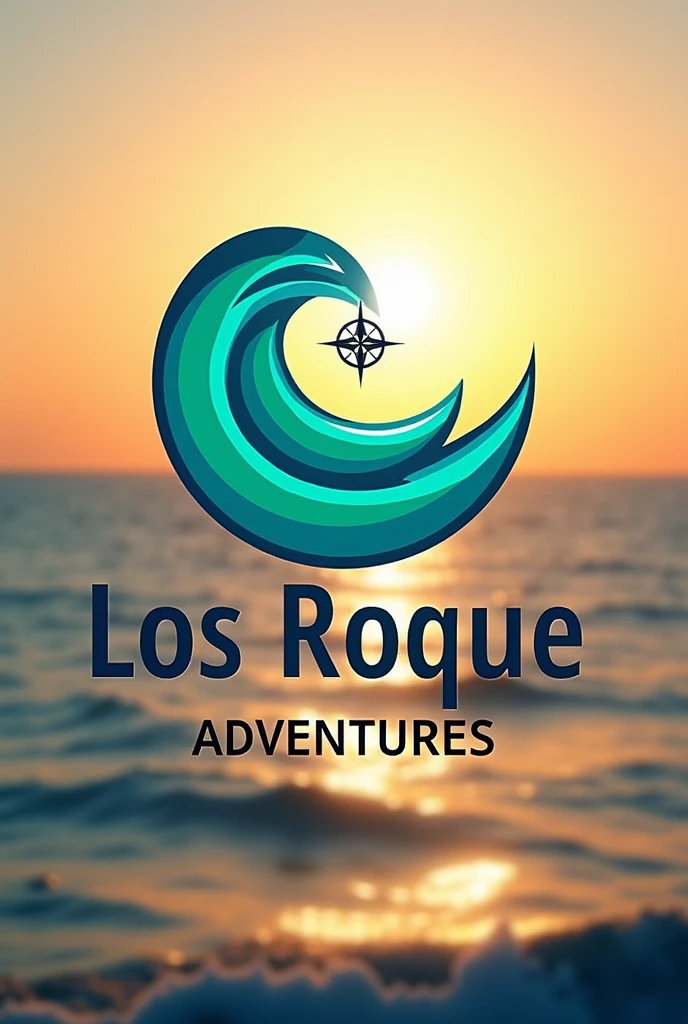 Logo for a travel agency with the sea in the background, the name is Los Roques Adventurs