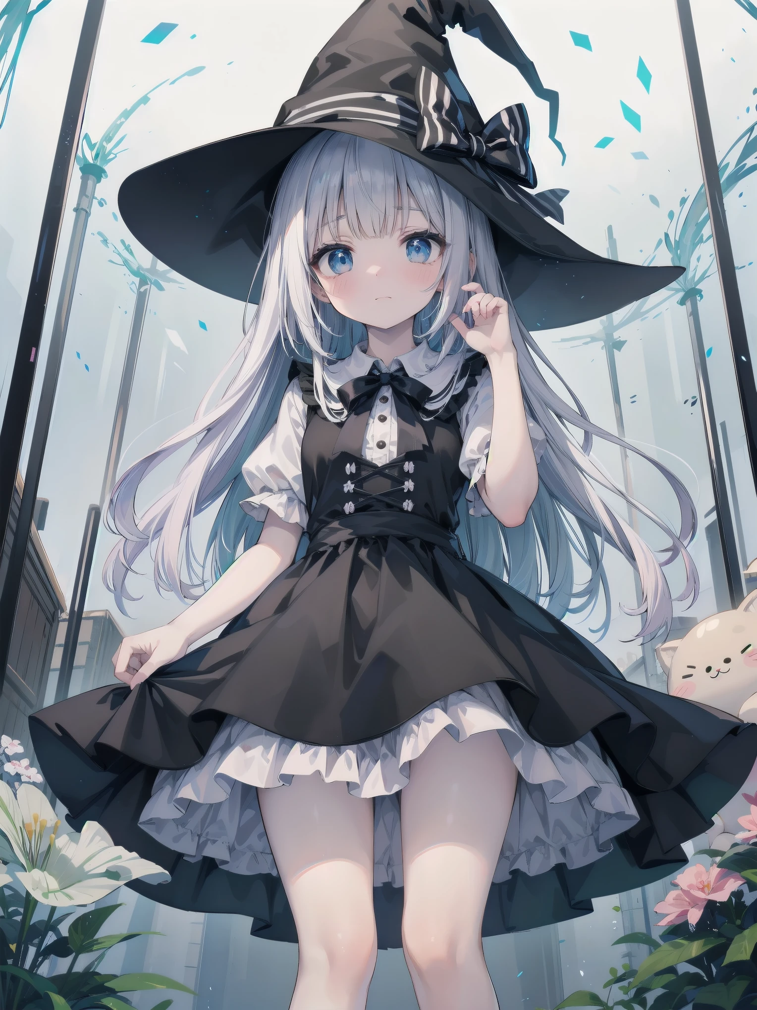 🎶, (🧙♀️), ✡, ✨(black hat), , Alice in Wonderland, Alone, very beautiful, cute, adorable, embarrassed, alone, blue eyes, white skin、look at viewer、looking up,kawaiitech, pastel colors, kawaii, cute colors,Alice in Wonderland, alone, very beautiful, cute, adorable, embarrassed, alone, blue eyes, white skin,skirtlift