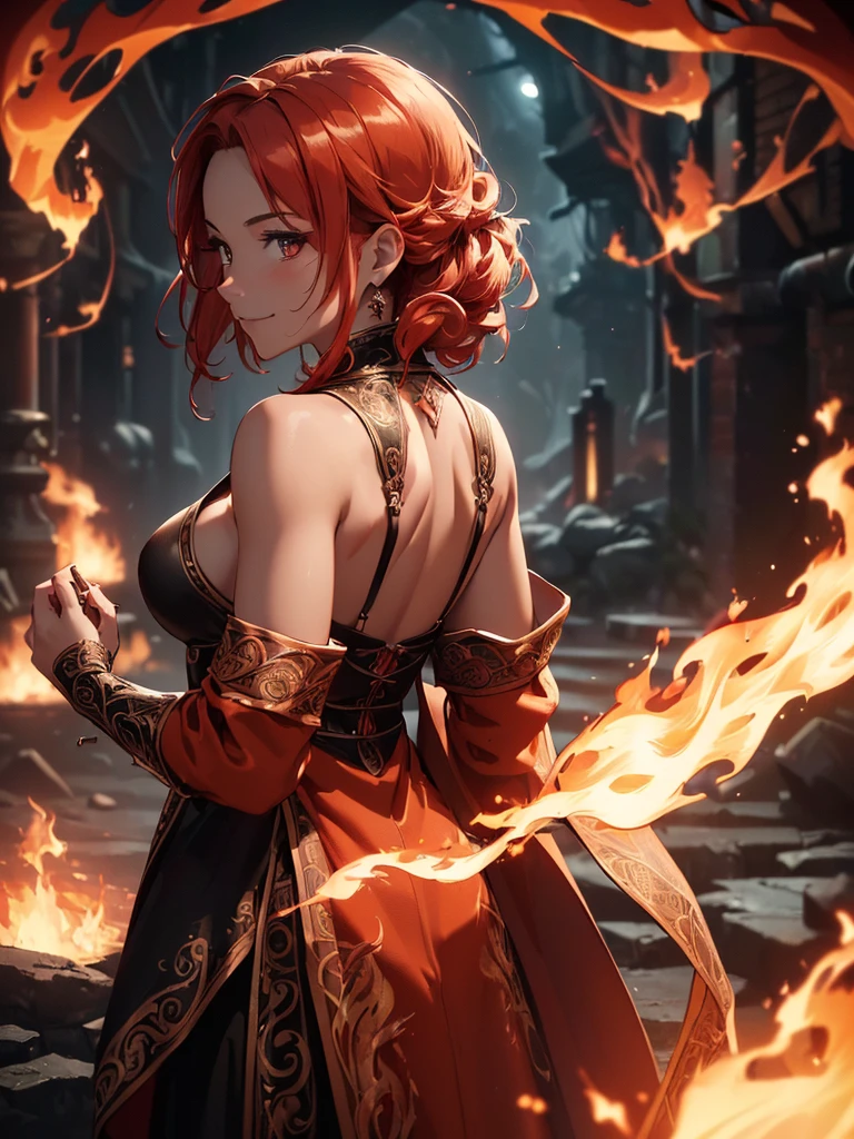 (((best quality, sharp image, clear image, cinematic lighting, 8k resolution, masterpiece, ultra detailed, intricate))) Girl, (((looking over left shoulder))), (shot from behind), fire mage, ((intricate background)), ((chaotic background)), red hair, smiling, ((flame runes, flame sigils))