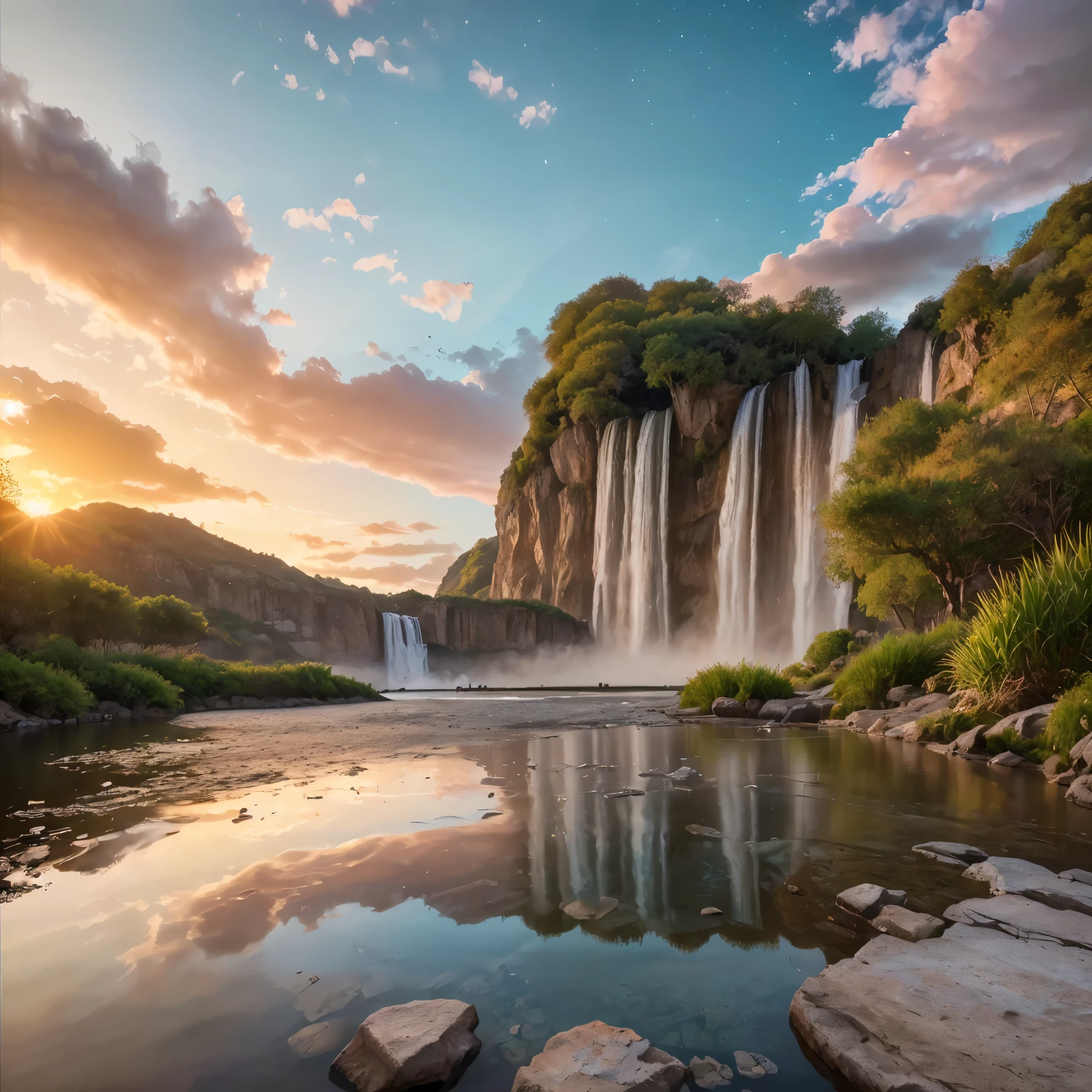 (8k, highest quality, masterpiece, final fantasy style: 1.2), (unRealistic, photoRealistic: 1.37), Dreamy landscape, epic scenes, sunset, Fantasy, Unsurreal landscapes, Super detailed, Flying futuristic  Castle, Floating Island in the Sky, Seven-colored swirl of light, Intense lightning, nebulas,Complex Light, Colored light, blue clear Large Lake, Starry sky reflected on the lake surface, Countless shining stars, Meteors,  Reflections , (A pillar of light emanated from the ground:1,2), (((roses and orchids gardens , bright sunset, pink and blue clouds, waterfalls in the sky, realistic style))), Hyperrealistic drawing , burning futuristic skyscrapers, , timeless realms, healing light magic effect, in a crystal clear blue magical lagoon of the fairyland, crystal clear waters with silver surface reflections, sharp focus, (close-up:0.9), (bright white theme:1.2), (bright white tone:1.2), (deep blue tone:1.3),((( realistic, Hyperrealism, vivid colours , landscapes , alien nature , science fiction themes))), mountains and abyss, water resources and waterfalls , fog , a mesmerizing beautiful woman sitting in the shallow lake, her reflections on the surface of the lake , long brunette hair, white blouse