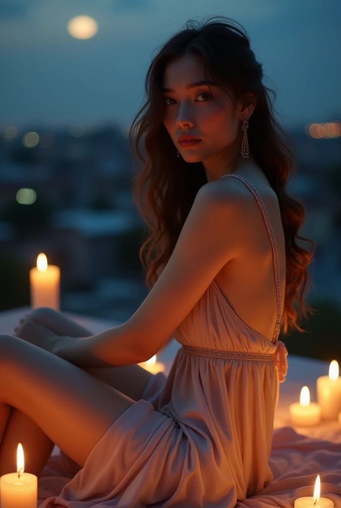 one beautiful naked woman in openwork muslin translucent clothes, detailed face, night, sitting on the stones on a beautiful street of a beautiful ancient city, naked woman, a fire burning next to her, night, mystical, surreal