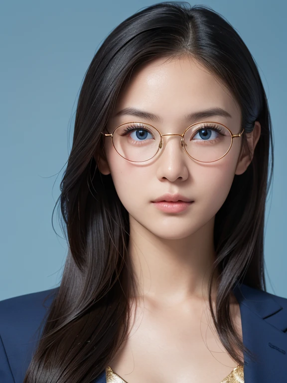 (RAW photography、beste-Qualit)、(realisitic、photorealestic:1.3)、anextremelydelicateandbeautiful、stupendous、finelydetail、tmasterpiece、Extreme detailing、hight resolution、(best shadows)、Sharpening Focus、volumetric fog、8K UHD、dslr、hiquality、Fujifilm XT3、One woman with glasses、Blue Tops、eyeglasses、Photos、aesthetics
