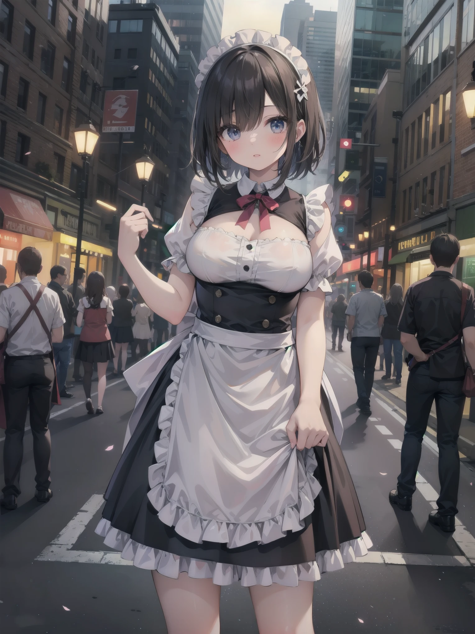 Highly detailed CG Unity 8k wallpaper, Top quality, Highly detailed, Masterpiece, Highly detailed pretty girl, 8 years old, (((lifting skirt by herself))), (lifting skirt by herself)), dynamic angles, sexy pose, blush, lips apart, looking at audience, half body shot, (crowd), (crowded big city)), hair over one eye, immaculate beauty, less revealing maid outfit, classical maid fashion