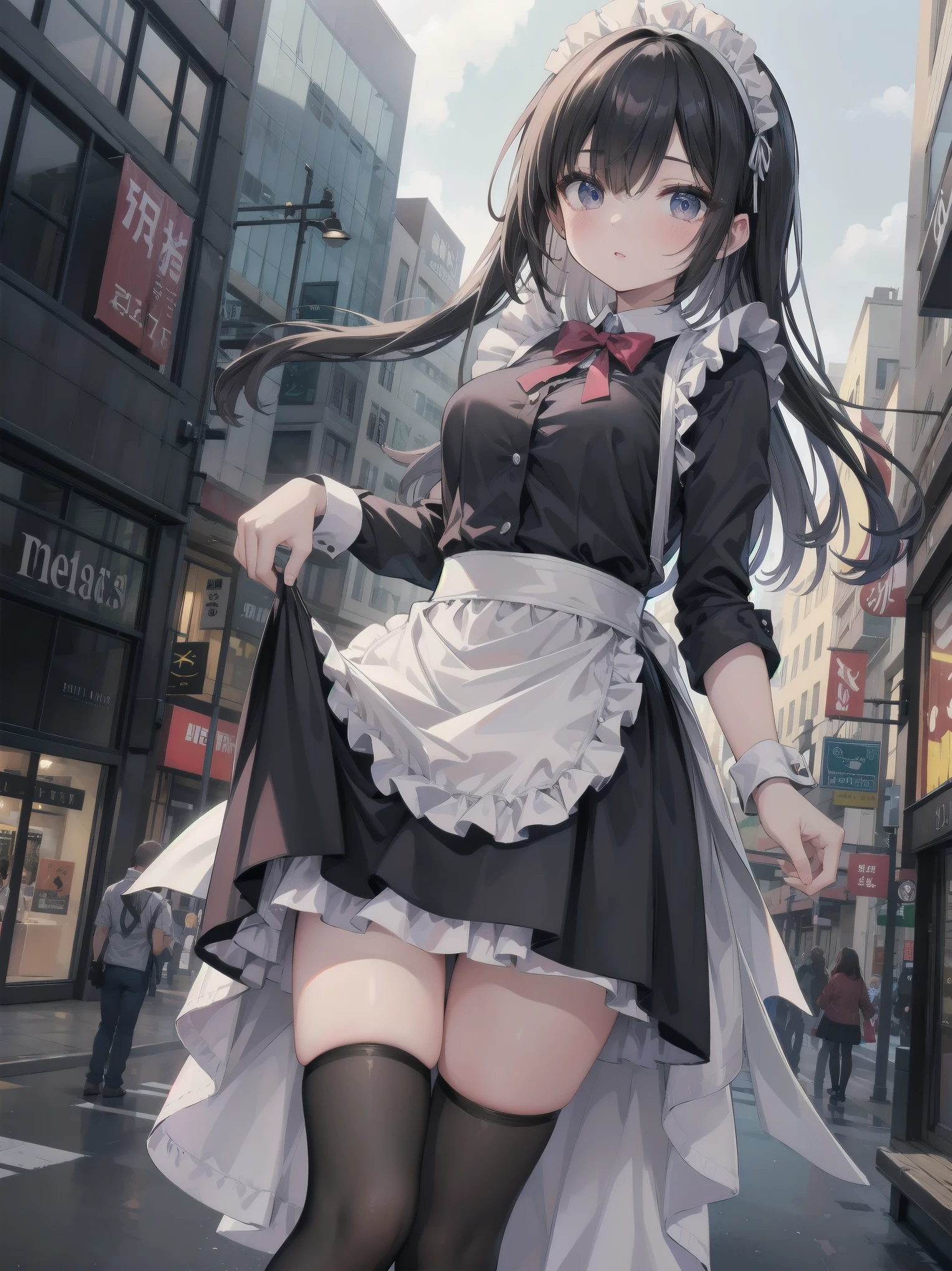 Highly detailed CG Unity 8k wallpaper, Top quality, Highly detailed, Masterpiece, Highly detailed pretty girl, 8 years old, (((lifting skirt by herself))), (lifting skirt by herself)), dynamic angles, sexy pose, blush, lips apart, looking at audience, half body shot, (crowd), (crowded big city)), hair over one eye, immaculate beauty, less revealing maid outfit, classical maid fashion