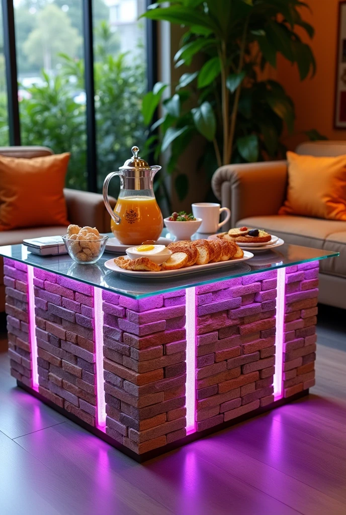 A square hospitality table, handcrafted to be a stylish centerpiece in the guest lounge.. The table top is made of clear glass, adding a touch of sophistication and simply showcasing what is placed on it.. The sides are made of MDF wood clad with textured wallpaper that resembles brick, giving the table a modern and economical feel..
Equipped with soft purple interior lighting using a warm LED strip, it casts a gentle and beautiful glow throughout the room.. The table is adorned with a stylish teapot and some light breakfast treats, enhancing the hospitality atmosphere and adding a warm and welcoming touch.