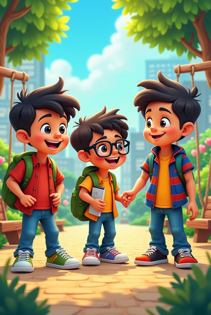 Create an animated cartoon about: A group of friends would get together to play and work. Miguel never took work with him, Juan always fulfilled everything that was his responsibility and Pedro sometimes fulfilled and sometimes didn't.