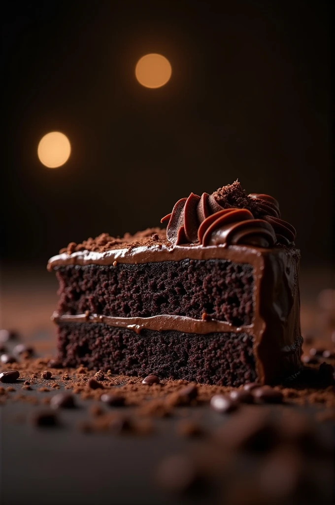 Cinematic Film Still Chocolate、Chocolate cake、Dark background、High quality photos、Wet Texture、Frosting、Studio Photo、slice。Shallow depth of field、Vignette、high detail、High budget、Bokeh、CinemaScope、Moody、grow、gorgeous、Film Grain、granular。