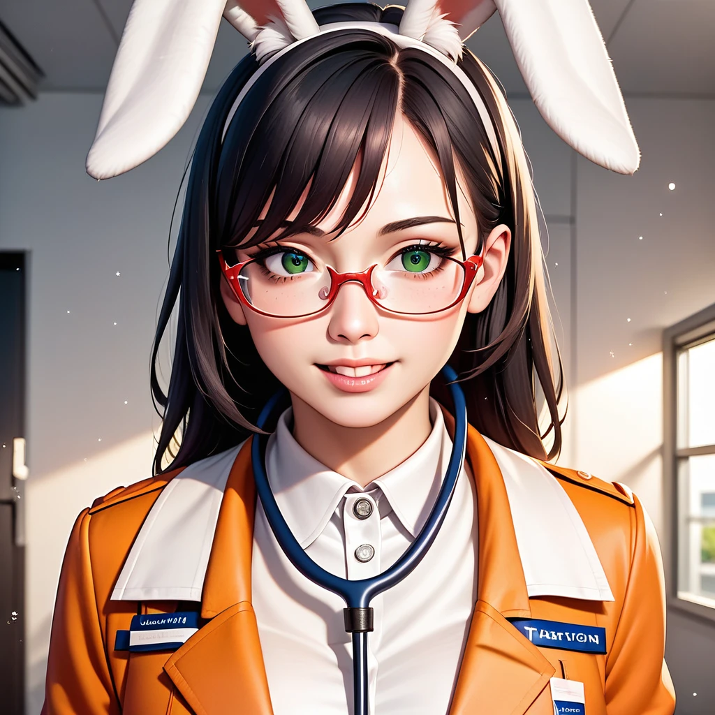 (best quality, irritability ,aesthetic,absurdres),select and generate best screen effect,((1girl,long-deepgreen-hair,green-eyes,orange-hooded-jacket,under-rim-eyewear)),((top quality)),(ultra-detailed), depth of field, cinematic lighting, detailed outfit, rich in details and textures, 
Nsfw,(A detailed watercolor style:1.2), Muted Tone, Delicate, Detail, Masterpiece,perfect anatomy,8k,
(intricate:1.2), illustration, light particles, lens flare,(colorful)
Female doctor, rabbit ear, white coat, stethoscope, long black hair,kawaii,cute,beautiful,cool, 
Female patient feuds, several rival female doctors, 
exhalation,orgasm, 
net bodysuit, Net tights,Smiling with shame,
women's struggles over the hospital, seduction from patients, colorful tricks, intrigue, trickery, rabbits, 
medical examinations, suspense, tension, hospital wards,
Powerful angles, powerful action, close up, Close-up of the upper body,The expression of orgasm,
(masterpiece:1.2),(best quality:1.2),newest,intricate details, ai-generated, 
