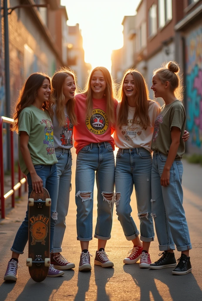 Photo of girls wearing skater clothes with their friends.