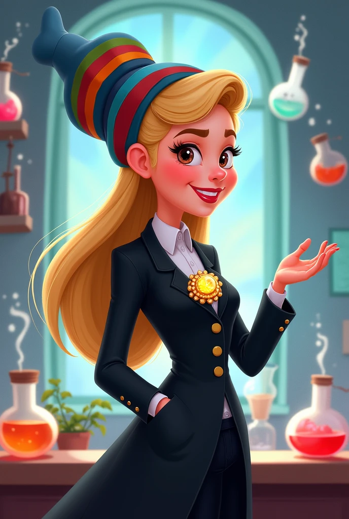 Make a Disney style drawing, professional in a black lab coat, golden brooch, straight blonde hair, wearing turban, natural round, Round face, chubby, with hands pointing to the right side 