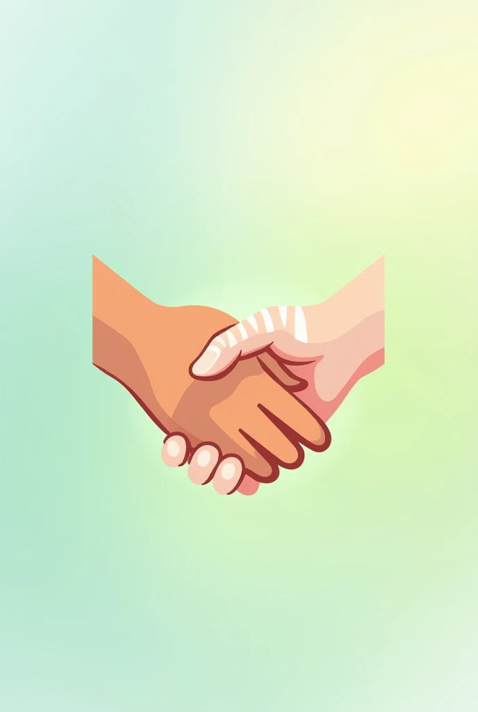 Two hands shaking hands that together form a heart. One of the hands has a injured finger, Well, it has a bandage. The image must be related to hand rehabilitation therapy. The colors must have tones according to health and rehabilitation. The image has to be a vector type to be used as a logo.