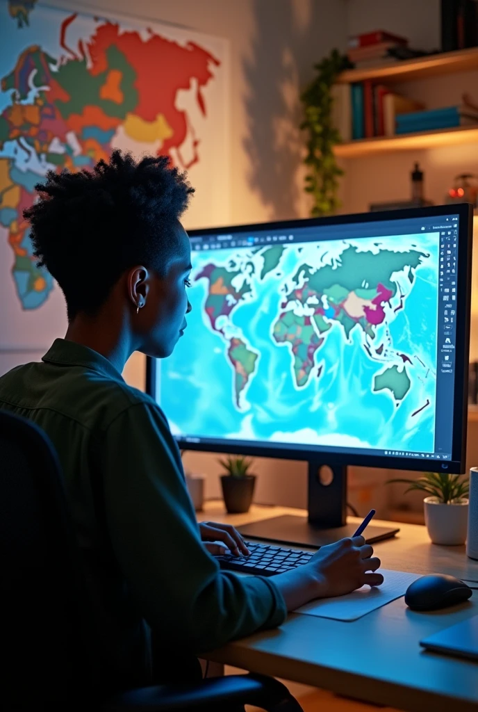 make a short haired black woman making a map on the computer