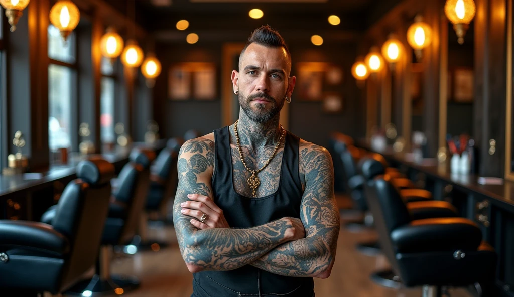 Here is the most detailed description of the image:
---
**Prompt for Luma AI:**
"Create an ultra-realistic image of a charismatic barber with a thick layer of tattoos and piercings., in a luxurious barbershop. The barber is of Asian descent, with smooth skin, with pumped muscles and a height of about 190 cm. He stands in front of a mirror in the center of the frame, leaning forward, to show off his tattoos and piercings. His face shows several piercings: On the lip, nose and ears. In his left hand is a barber's tool, that emphasizes his profession.
Tattoos cover most of his body - arms, chest and neck. They are bright and detailed, with different shades of blue and green, that creates a contrast with his natural skin. Piercings add uniqueness to him and emphasize his rebellious style.
The interior of the barbershop is decorated in a style of luxury and modernity. On both sides of the barber are mirrors with backlighting, that reflect the details of the room. On the shelves, located along the walls, carefully displayed bottles with professional hair and beard care products. The walls are finished with dark wooden panels, creating a sense of wealth and sophistication.
Natural wood floors emphasize the comfort and style of the interior, and the lighting creates a soft and pleasant atmosphere. In the depths of the room you can see leather chairs with deep seats and high quality finishes, spaced along the walls, creating a sense of spaciousness and order. Stylish lights run across the ceiling, creating a soft, but accented lighting, highlighting the details of the interior and the figure of the barber.
The overall mood of the image is a combination of modernism and luxury, where the main focus is on the charismatic barber and his expressive tattoos, which emphasizes his individuality and professionalism."