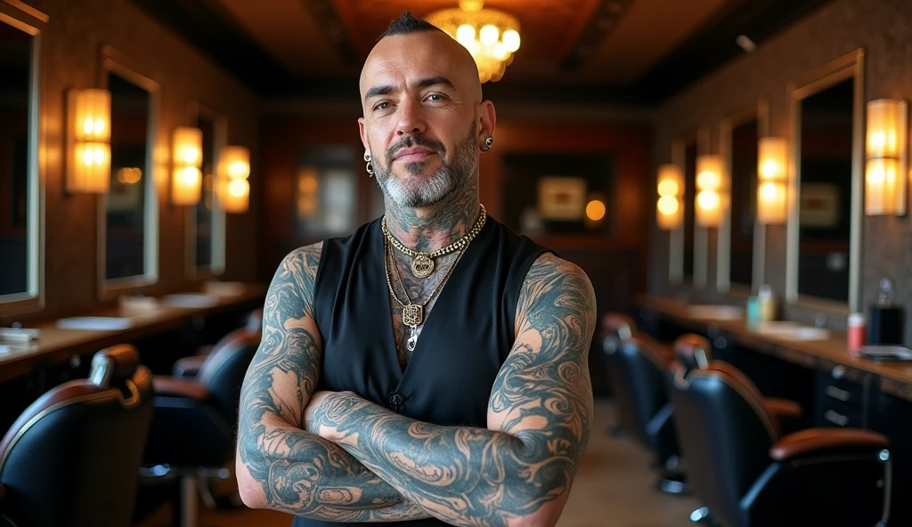 heavily tattooed and pierced skinhead barber in empty luxury HI-TECH barber shop, very charismatic gay, 180 cm height, 60 years.
The style is modern and atmospheric, with an emphasis on detail. The main focus is on the expressiveness of the character and the luxurious setting of the barber shop.
The angle is chosen so, to show the barber in a close-up from the waist up. This allows you to focus on his charismatic image, tattoos and piercings. The barber occupies the central place in the frame, leaning slightly towards the camera, which creates an effect of intimacy and engagement of the viewer. The barbershop is modern and upscale, with sleek, dark toned decor, leather chairs, and polished surfaces. The lighting in the room is soft, highlighting the luxury of the barbershop, illuminating interior elements, executed with great attention to detail.
The color palette is kept in warm tones, in rich colors. Dark and rich colors predominate: deep brown and black interior hues, golden yellow and soft warm light accents, illuminating tattoos and details of the room. The barber's skin tone is natural, but somewhat enhanced for contrast with his dark tattoos and clothing. tattoos, In turn,, stand out in bright colors
