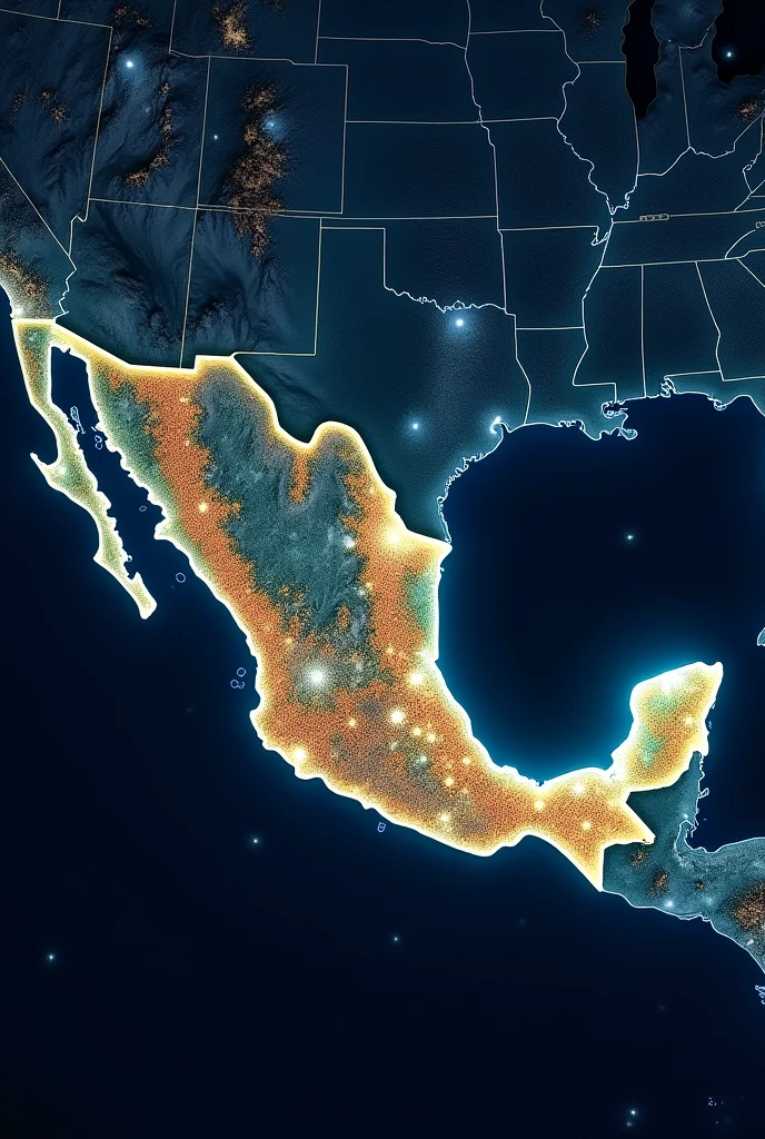 Map of Mexico with nighttime illumination