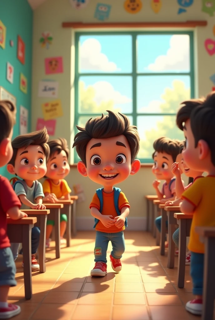 Create an animated cartoon about: One day the teacher assigned them to open the classroom daily after recess. Juan was always punctual, Miguel always had an excuse for being late and Pedro sometimes arrived and sometimes did not.