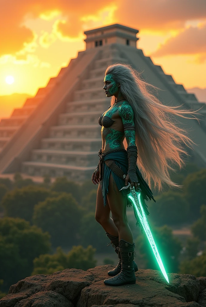 Young warrior woman of the most dangerous race in the universe, standing in front of the Teotihuacan Pyramid of the Sun defending it from an attack.