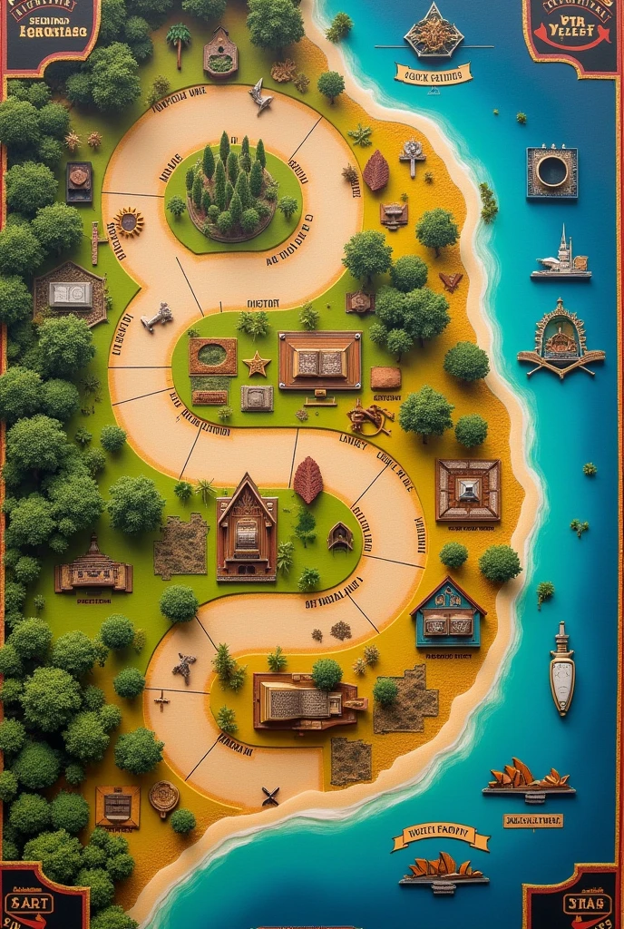 create a board game with the following instructions Board Template 1. Design Geral:
forma: Rectangular or oval, divided into sections representing different regions of Australia.
colors: Use representative colors, as green for forest areas, yellow for deserts and blue for coastal areas.
2. Board Layout:
Main Path: A winding path that runs from one side of the board to the other, going through various sections and markers.
Regional Sections: Divide the path into sections that represent different regions of Australia, como New South Wales, Victoria, Queensland, etc.
3. Spaces on the Board:
Question Spaces (history, cultura, geography): Mark these spaces with specific icons, like books or maps. Each space prompts the player to answer a question or complete a challenge..
Challenge Spaces: Mark with task icons, like a star or a symbol of effort. These are challenges that players must complete.
Event Spaces: Use surprise icons or a symbol of "!" to indicate events that may be positive or negative.
Curiosity Spaces: Mark with an exclamation mark icon or a light bulb. Here, players read a fun fact about Australia.
4. Instructions on the Board:
Initial Space: Mark the start with a start symbol, like a flag or a start circle.
Final Space: The ending should have a victory icon or famous landmark, como o Sydney Opera House.
