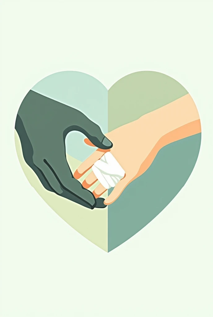 Two hands shaking hands that together form a heart. One of the hands has a injured finger, Well, it has a bandage. The image must be related to hand rehabilitation therapy. The colors must have tones according to health and rehabilitation. The image has to be a vector type to be used as a logo.