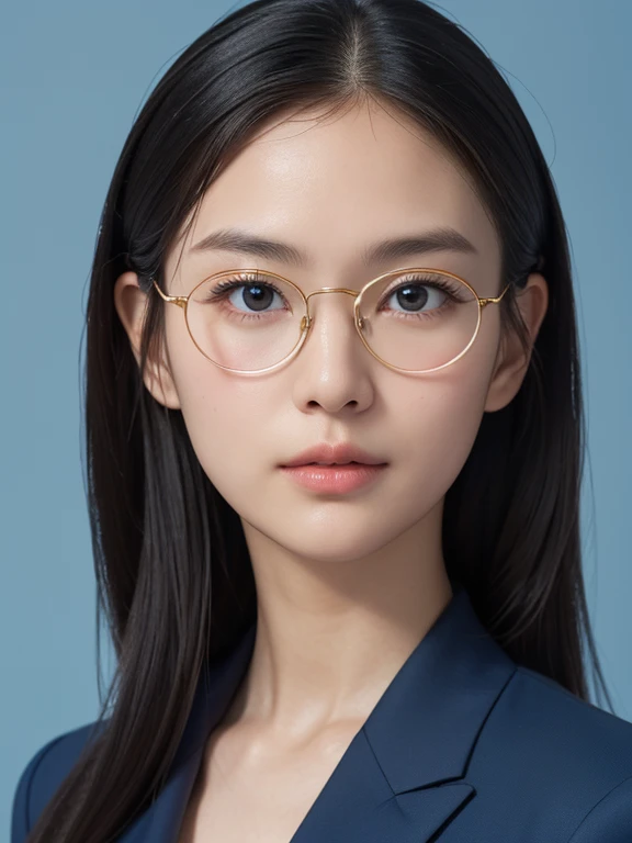 (((ID photo)))、(((((Realistic))))), RAW Photos, Japanese women、28 years old、Located in the center of the screen、(Body and all)、(look straight ahead)、(Looking at the camera)、(((Beautiful face like an actress))),((((Formal suit)))),(((Delicate round gold-rimmed glasses)))、Anatomically correct、Realistic proportions, Complex,超detailedな,High dynamic、8K Wallpaper、Sharp focus,high quality,((Ultra-high resolution)), masterpiece, completion, detailed.impressive, Attention to detail, ((((Simple blue background)))),No bangs、Long Hair、Realistic skin texture、Hair is neatly out of the face、Posture is to straighten your back and imagine slightly puffing out your chest、Looking straight at the camera.、Adjust the gaze so that it is horizontal to the camera.