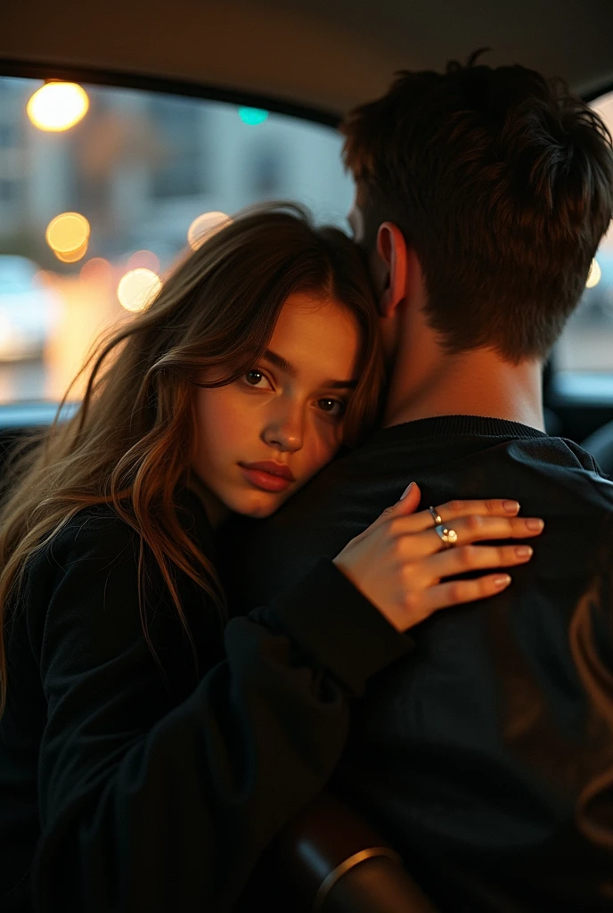 imagine a girl and a guy holding each other's hand in the back seat of a taxi. the girl put her head on the guy's shoulder and the girl's clothes are black