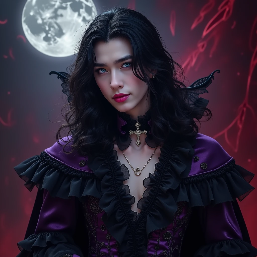 A sexy young male, black, long hair, teal blue eyes. Gothic clothes. (Male) (no facial or body hair)) masterpiece, best quality, ultra-detailed, best shadow), (detailed background) (purple and black) pretty handsome. Sexy Cute. No facial hair. No body hair. Wink. Seductive. Sexy. Pale and white skin. Smirking. Anime style. Blood. Vampire. Sexy. Death note style. Pink lips. SENSUAL. Purple and black gothic frilly clothes. Long lashes. Sexy pose. Love. Shiny. Vampire Prince. Bottom angle. Seductive. Male. Bottom angle. Shiny. Long boots. Delicate facial features. Kiss. Red moon.