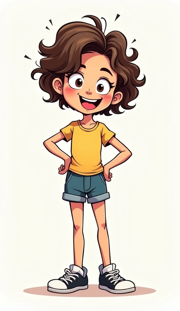 Draw a funny unique character girl. That tells Joke. And she is standing straight. Like a cartoon with lines in a boundary. She has brown short hairs. Brown eyes. And her age is 20.
And the background is plan.
She has a funny character.
So make a simple unique girl character