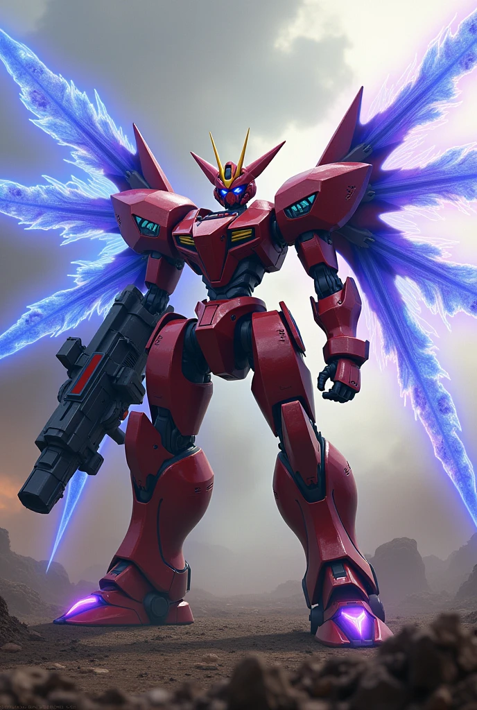 A robotic military Digimon with a red-skinned interchangeable cannon arm and energy wings 