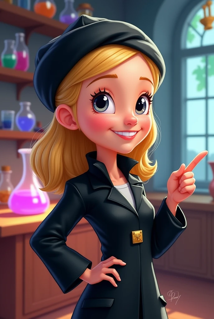 Make a Disney style drawing, professional in a black lab coat, rectangular gold brooch inscribed BA, wearing with a black respirator mask and black gloves, straight blonde hair, comprido, eyes browns, wearing a black turban, natural round, Round face, chubby, mature woman in her 50s, with hands pointing to the right side 