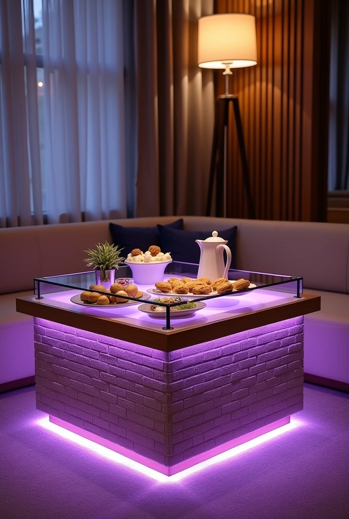 A square hospitality table, handcrafted to be a stylish centerpiece in the guest lounge.. The table top is made of clear glass, adding a touch of sophistication and simply showcasing what is placed on it.. The sides are made of MDF wood clad with textured wallpaper that resembles brick, giving the table a modern and economical feel..

Equipped with soft purple interior lighting using a warm LED strip, it casts a gentle and beautiful glow throughout the room.. The table is adorned with a stylish teapot and some light breakfast treats, enhancing the hospitality atmosphere and adding a warm and welcoming touch.