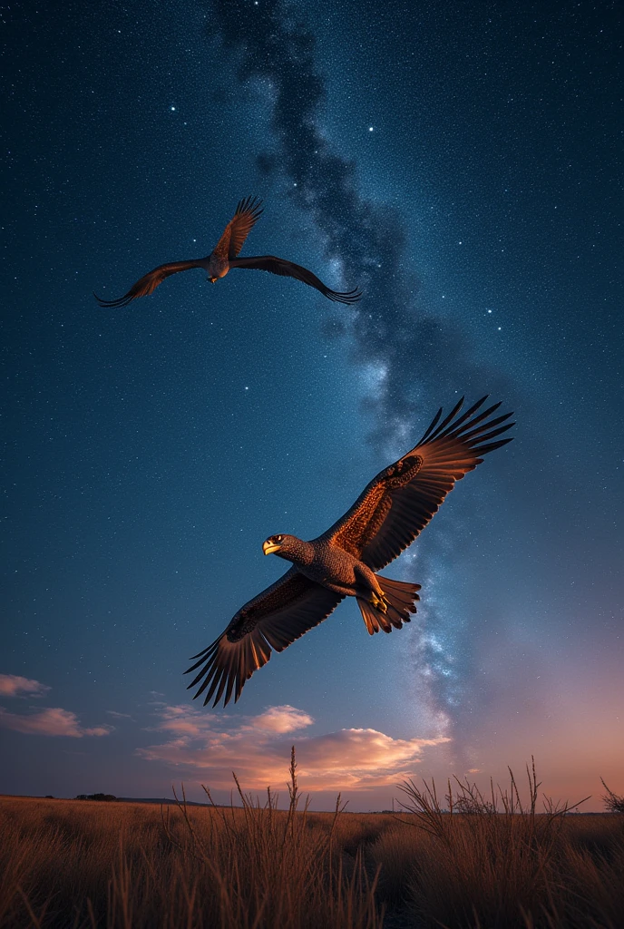 An eagle in a dark, starry night on the savannah, and from where the stars are in the background a giant flying dinosaur in great spirit.