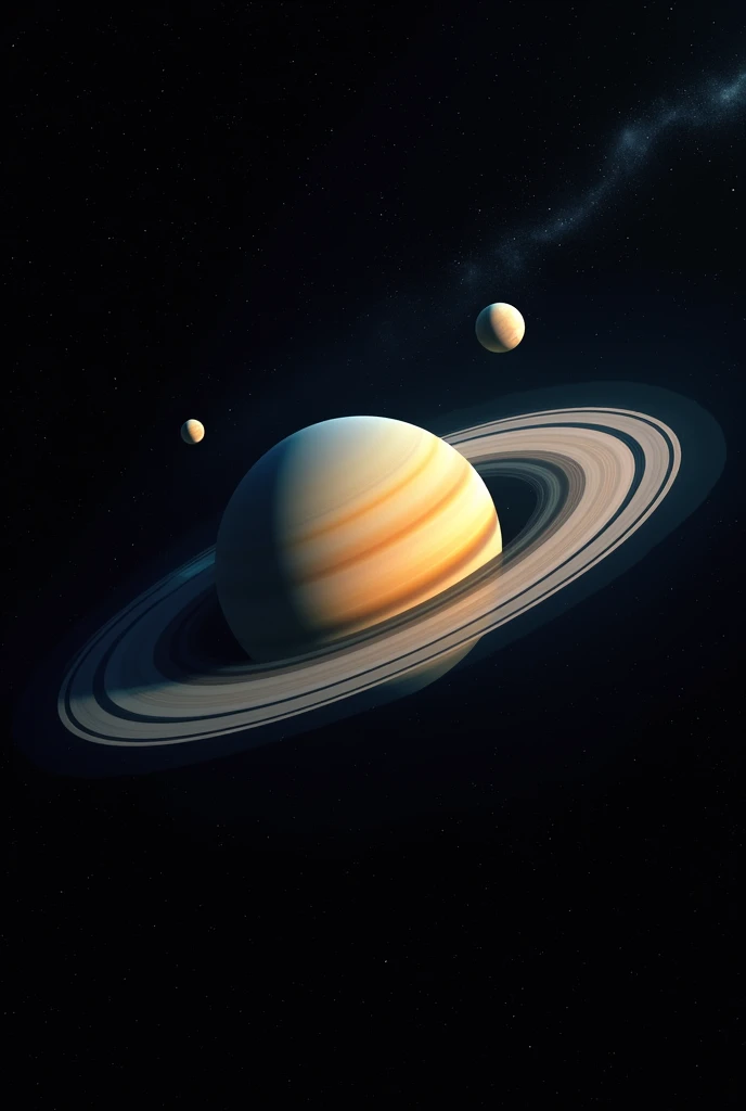 planeta saturno: Centered on image, with its iconic rings clearly visible. Saturn can be depicted with a smooth texture and a subtle glow.
Saturn&#39;s moons: Titan should be the biggest and most prominent, located in a prominent position near Saturn. The other moons will be represented as small points of light scattered around the planet., varying in brightness and size to show the difference in their actual distances and sizes.
space background: The background can be a dark sky, dotted with stars, to create contrast and highlight Saturn&#39;s moons and rings.