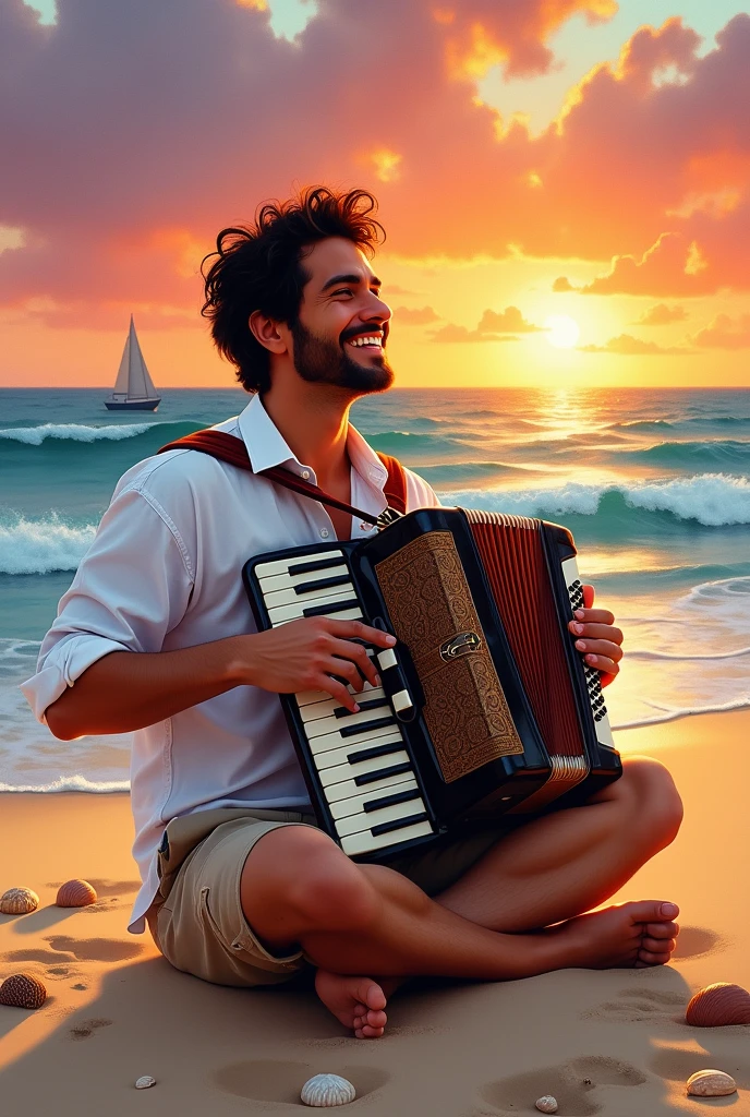 Paint a gouache style painting of a man playing an accordion on the beach at sunset