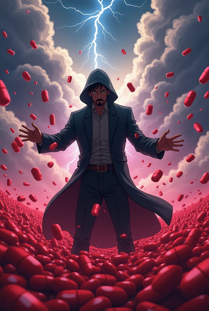 Make a meme of a man in anime theme having the face unrevealed standing trying to stop the cyclone of red pills by his hands power because there are red pills cyclone everywhere and it should be in meme theme