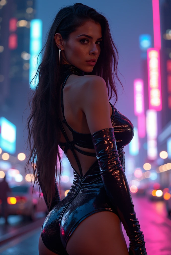 Lovely sexy girl, big breasts, latex, futuristic style