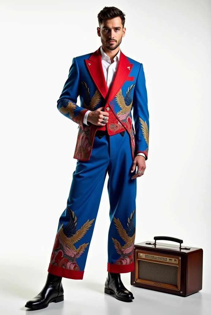 american model man wearing blue red suit with lot of american eagle pattern , ,((holding her vest in her hand)) , overr size pants , posing for photo , cinematic , white background , rings , high boots , white shirt , full body , old big radio