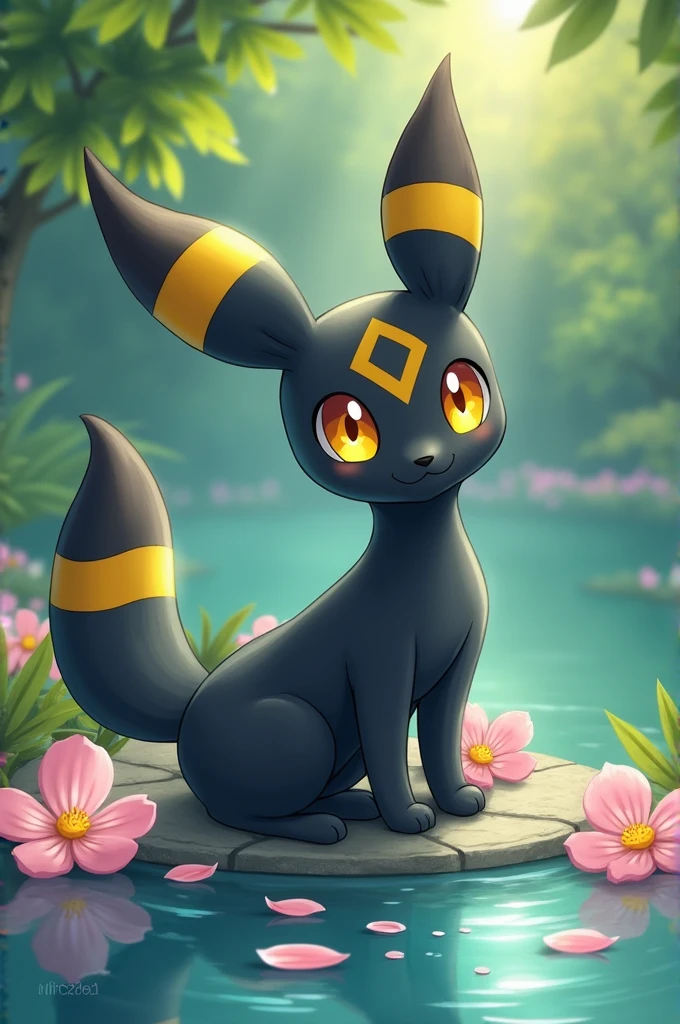 solo, looking at viewer, smile, sitting, closed mouth, full body, flower, water, petals, pokemon \(creature\), no humans, umbreon