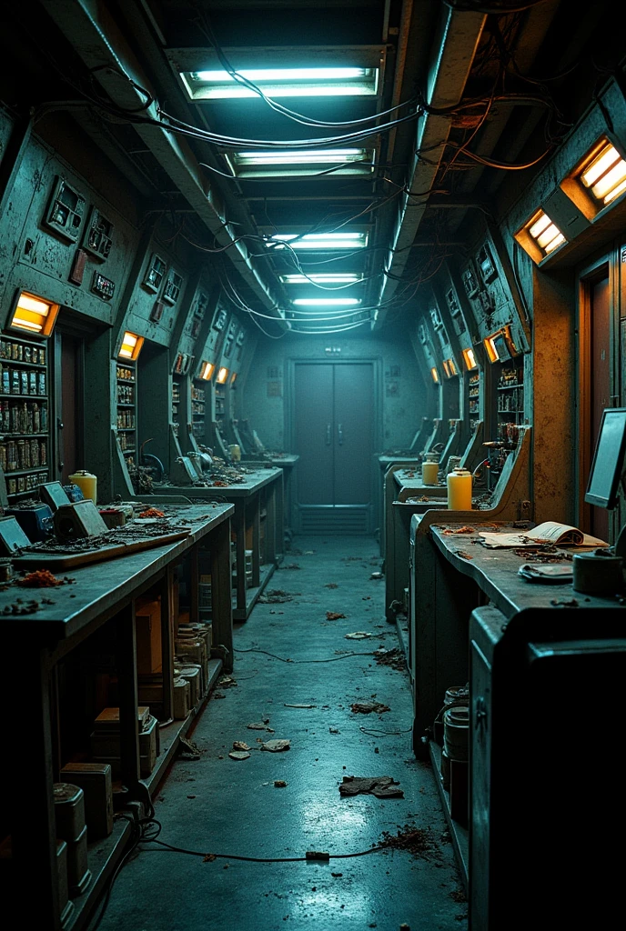 dark sci fi space ship interior nostromo style messy retro futurism realistic