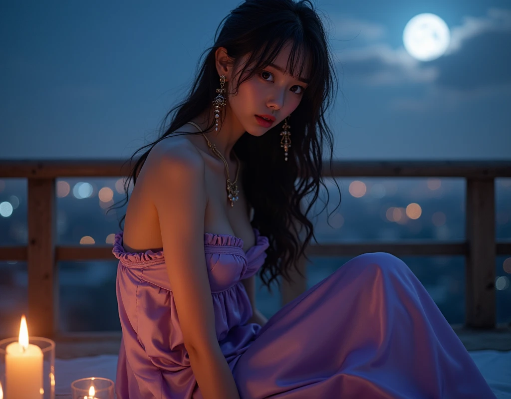 (32K:1.9, Highest quality, masterpiece, Ultra-high resolution), Professional camera work:1.6, Very detailedな肌と顔の質感:1.3, attractive肖像画:1.3, Very accurate, Very detailed, 1 adult Japanese female, ((Amazing night view from the rooftop, The moonlight at night illuminates my body)), (Satin Violet Nightgown:0.5), Incredibly slim body, Fair skin, elegant, Expressions of sadness, (Big eyes that exude beautiful :0.8, Sad expression:1.0, I love you with all my heart:0.8, Open your mouth a little, lipstick, Feel the beautiful :0.8), (Wet dark brown medium length hair), Candles, Mid-chest, Earrings, necklace, bracelet, Sensual sitting position, (romantic, dramatic, mysterious), Object of admiration, format, artistic, Innovative, attractive, Stimulate the, Extreme, Tilt, ((Adult charm, Feminine charm, Hair blowing in the wind))