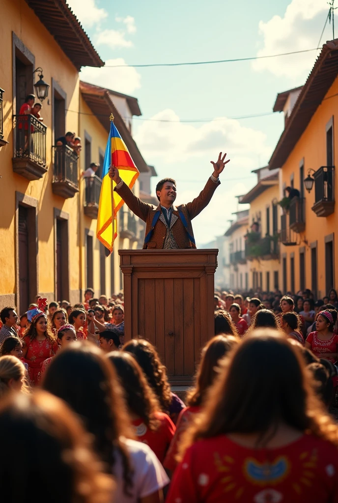 The proclamation of Piura&#39;s independence is read aloud as attendees show enthusiasm. The people of the town watch from their windows.