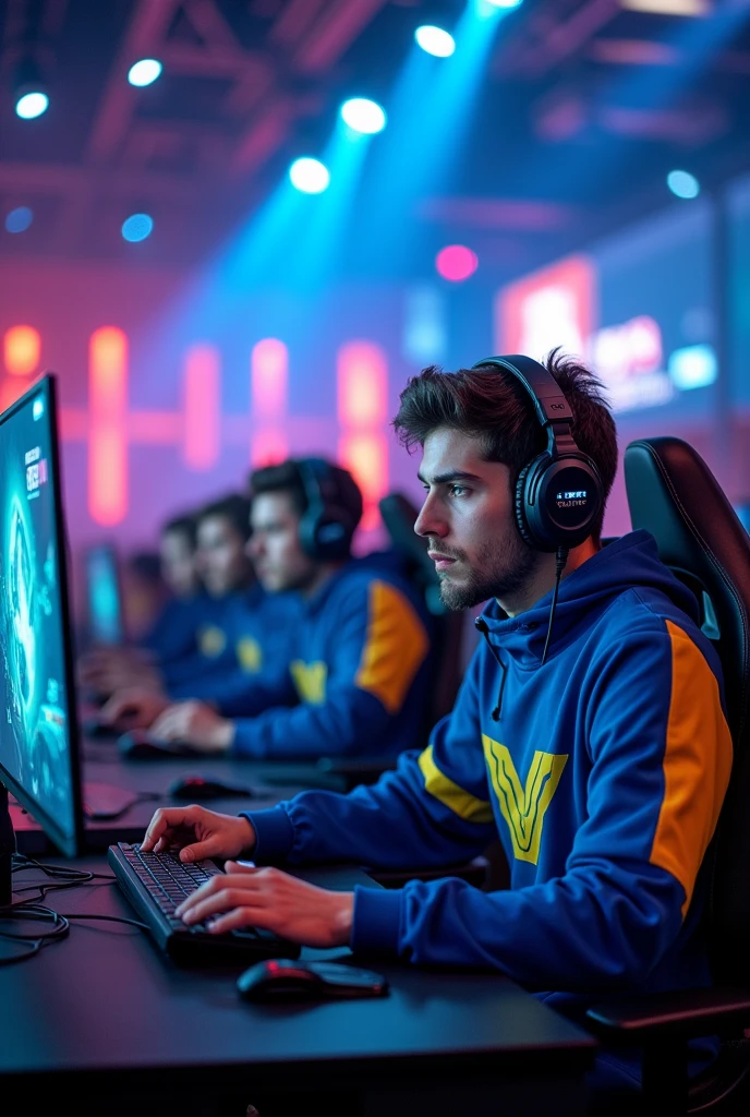 Team Esport Valorant, bleu et jaune, "V", compétitif, scène professionnel