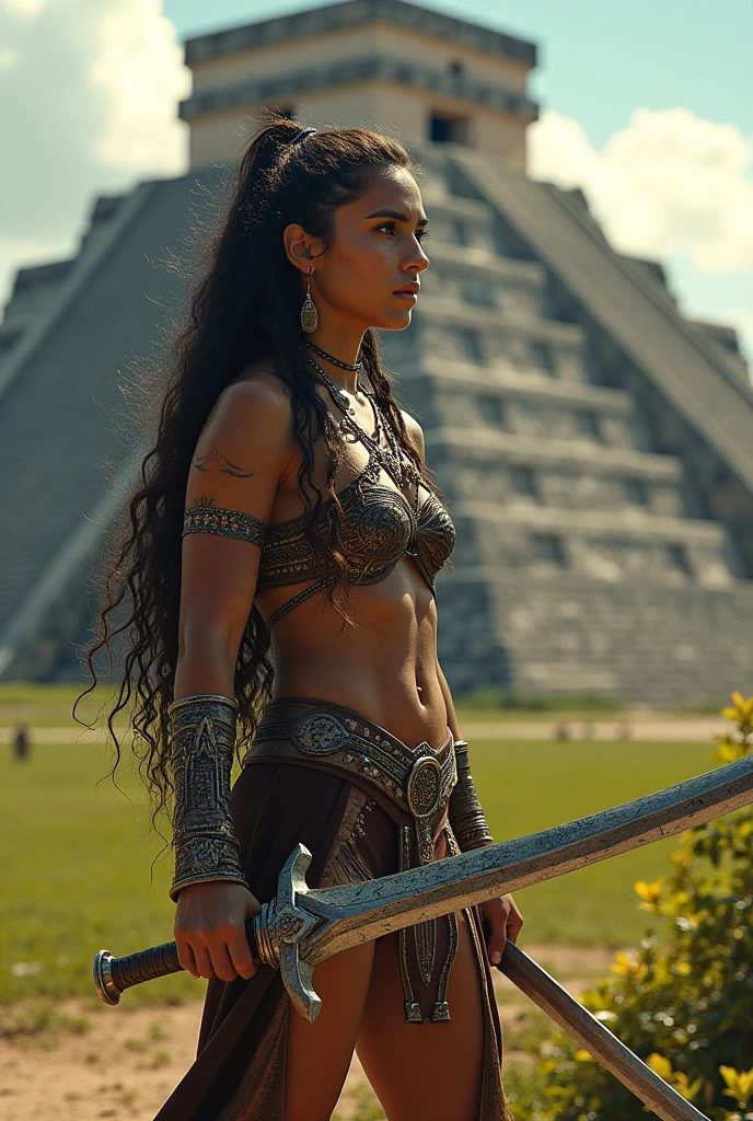 Young warrior woman of the most dangerous race in the universe, standing in front of the Teotihuacan defending it from an attack.
