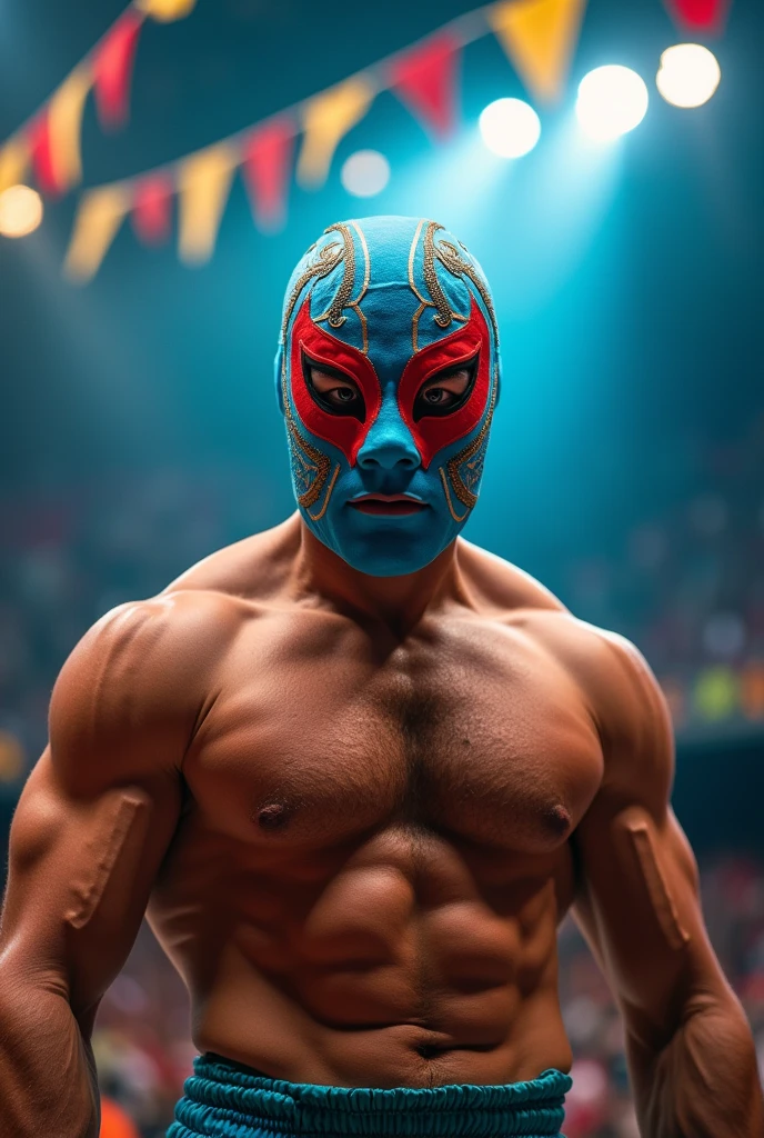 Mexican wrestler with a sky blue mask with red accents