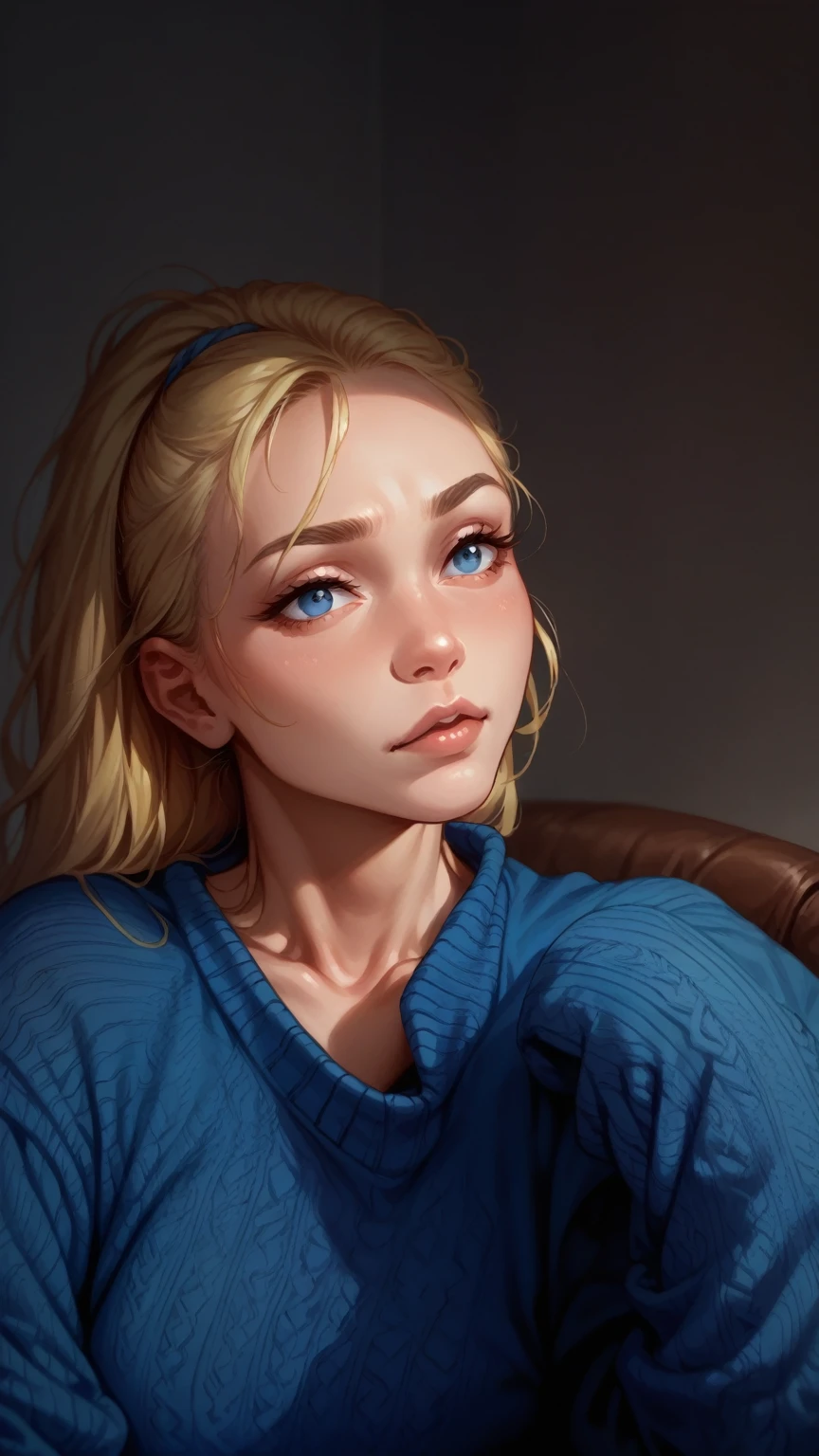 Blonde woman blue sweater