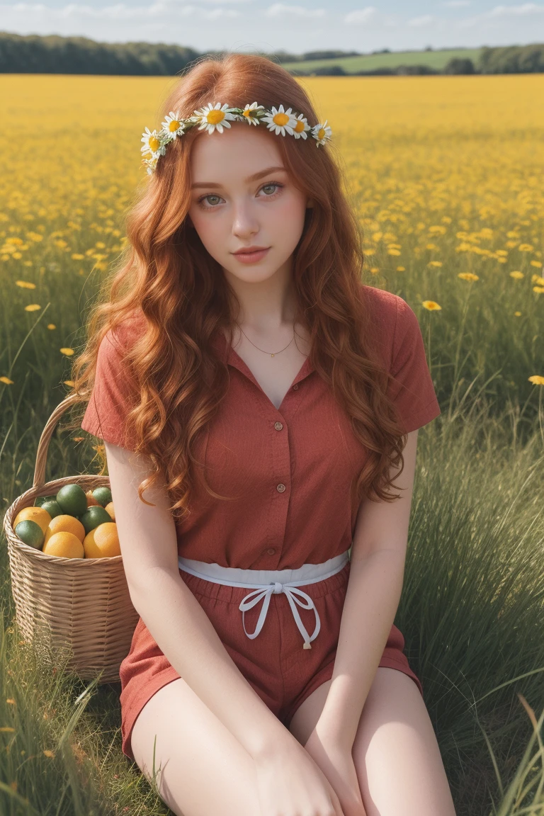 (girl:1.2),alone, (long ginger curly hair:1.1), brown eyes, Wearing a daisy wreath on your head, Sit in a daisy field, (fruit basket:1.1), blue shorts, red shirt,,raw,photographic,photo shadows,actual,Ridiculous,Aesthetic,elegant