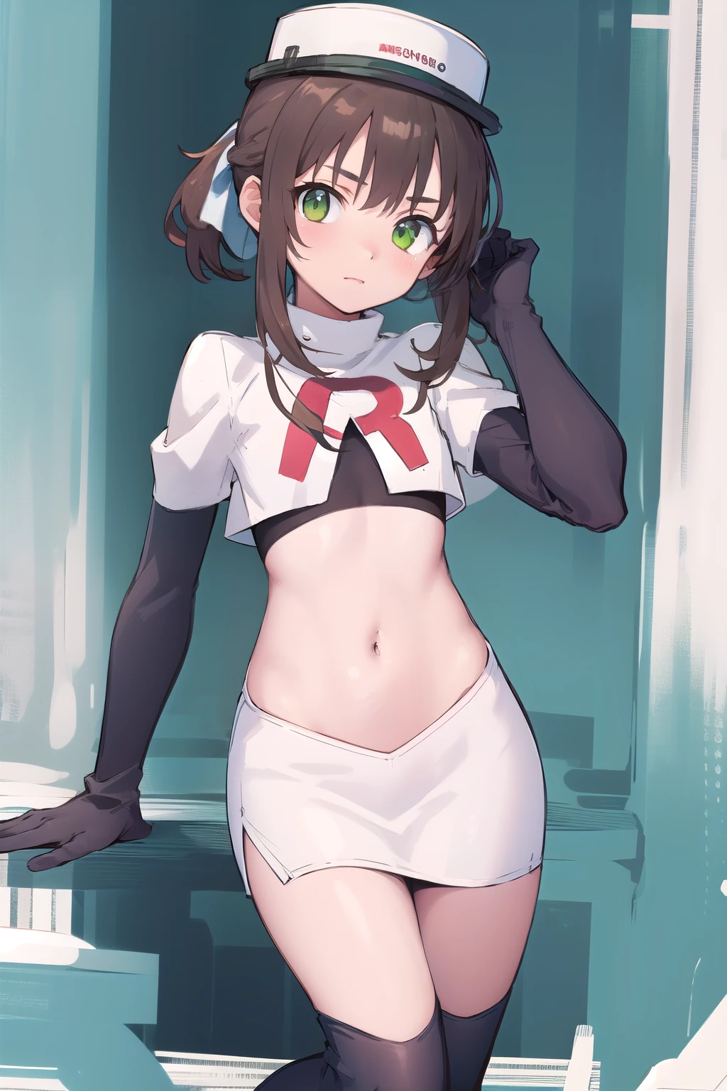 best quality, (masterpiece:1.2), illustration, absurdres,
(1girl), (solo), (beautiful detailed girl),
Towa Herschel, brown hair, ponytail, hair ribbon, green eyes, , small, short, flat chest, small breasts,
white hat, headwear,
team rocket,team rocket uniform,white skirt,red letter R,crop top,black thigh-highs,black elbow gloves,
looking at viewer, 
