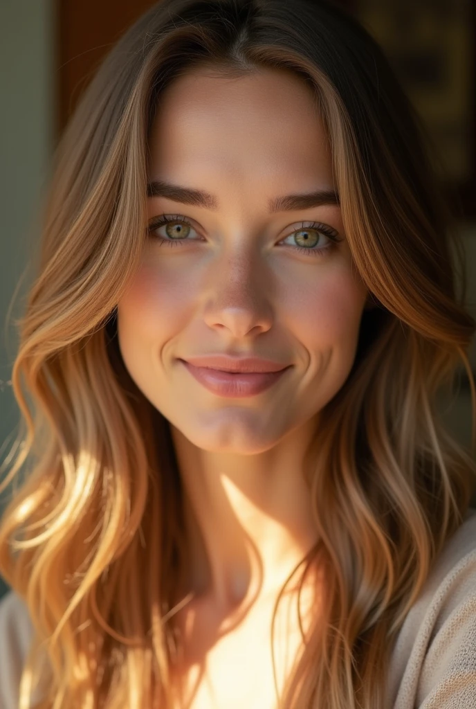 Une fille de 25 ans avec des cheveux frisés, un visage doux inspirant confiance.  Les yeux sont d'un vert assez clair, et les cheveux sont couleur caramel. 
Sur cette photo elle se prend en selfie devant sa fenetre, son buste est dégagé on peut apercevoir la naissance de sa poitrine.
