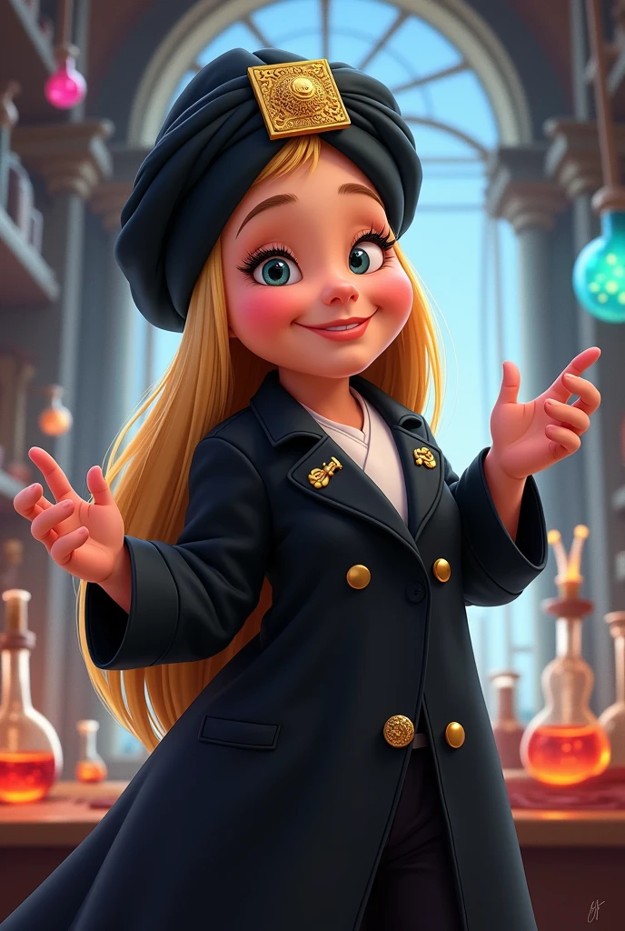 Make a Disney style drawing, professional in a black lab coat, rectangular golden brooch, straight blonde hair, comprido, wearing a black turban, natural round, Round face, chubby, with hands pointing to the right side 